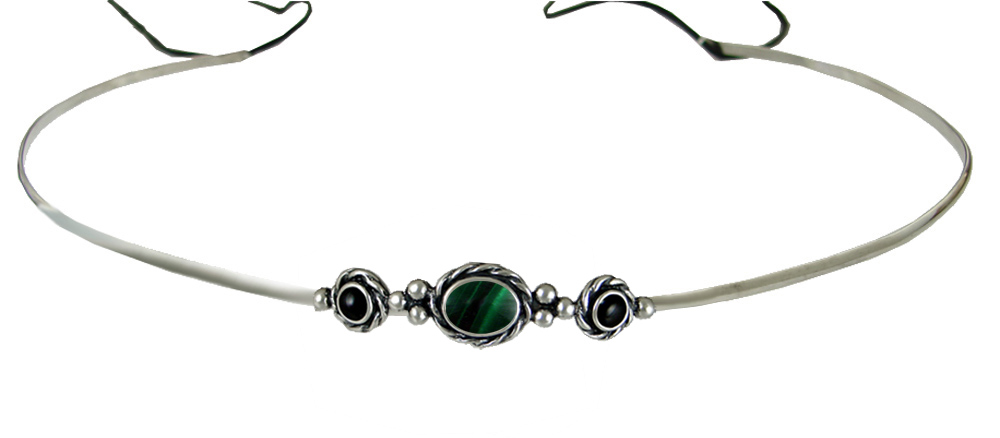 Sterling Silver Renaissance Style Exquisite Headpiece Circlet Tiara With Malachite And Black Onyx